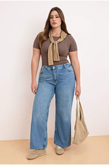 Blue High Elastic Waist Wide Leg Wide Leg 100% Cotton Non-Stretch Jeans