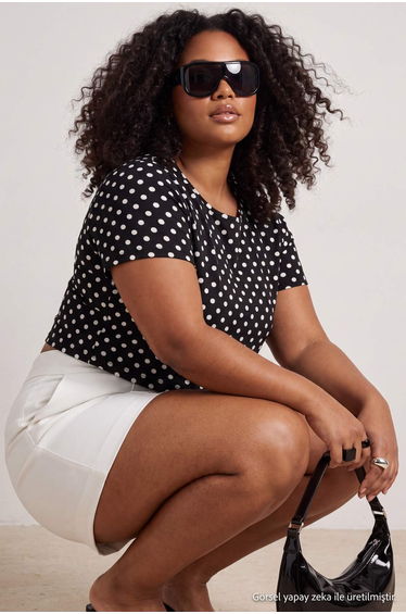 Black-White Polka Dot Flexible Fitted Basic Crew Neck Short Length Plus Size T-Shirt