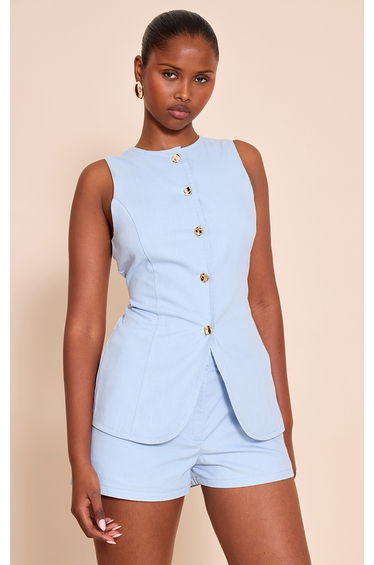 Pale Blue Textured Gold Button Trim Waistcoat