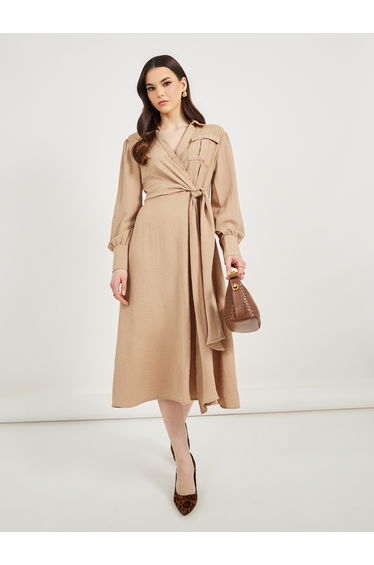 Textured Wrap Front Shirt Midi Dress with Self Tie Belt