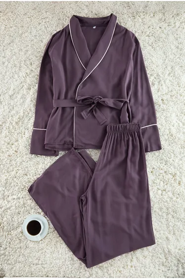 Plum Belted Piping Detailed Double Breasted Viscose Woven Pajama Set