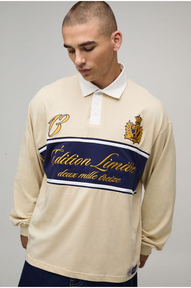 Oversized Varsity Embroidered Rugby Polo - sand