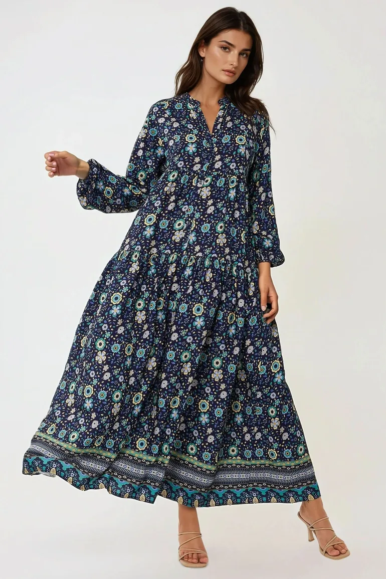 Printed V-Neck Maxi Dress with Buttons