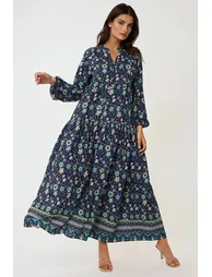 Printed V-Neck Maxi Dress with Buttons