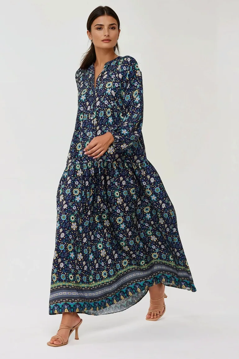 Printed V-Neck Maxi Dress with Buttons - 1