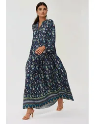 Printed V-Neck Maxi Dress with Buttons - 1