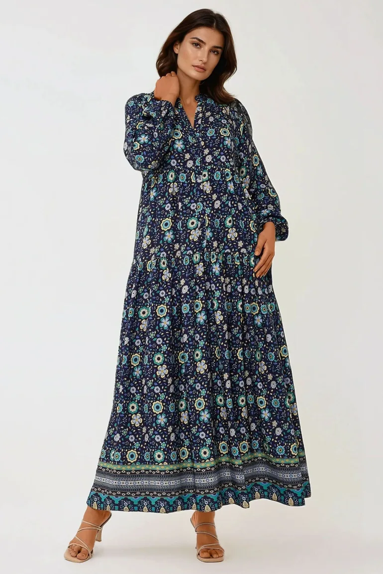 Printed V-Neck Maxi Dress with Buttons - 2