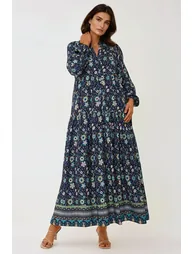 Printed V-Neck Maxi Dress with Buttons - 2