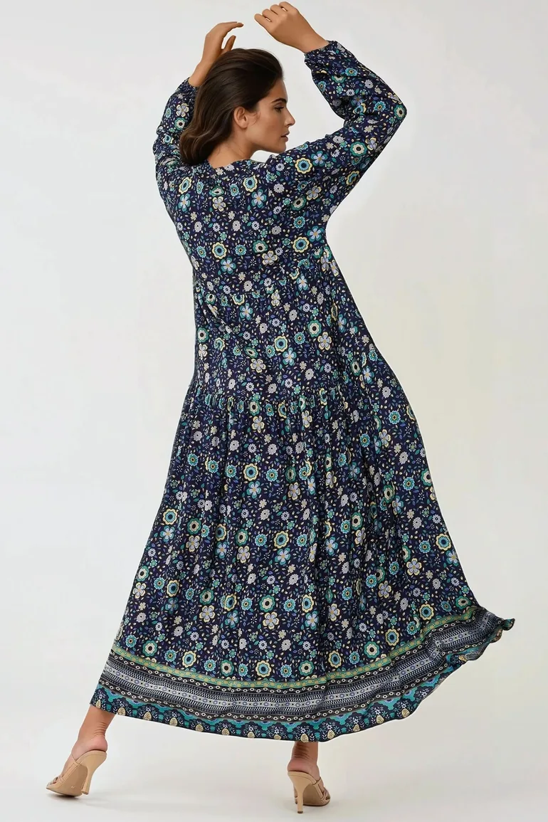 Printed V-Neck Maxi Dress with Buttons - 4