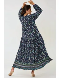 Printed V-Neck Maxi Dress with Buttons - 4