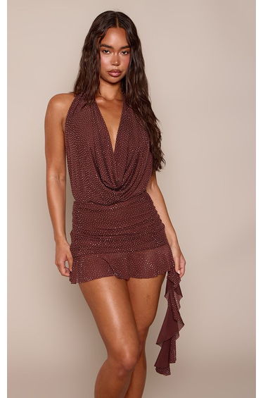 Chocolate Hot Fix Mesh Cowl Neck Frill Hem Mini Dress