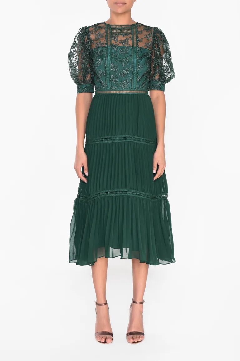 midi dress engagement party Emerald Green Long Sleeve Pleated Midi Dress – A Perfect Fit