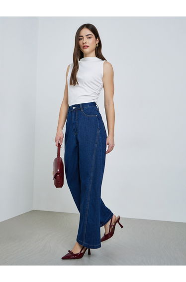 Women Wide Leg Cut and Sew Panel Jeans