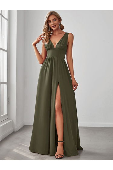 ever SORAYA|Sleeveless V-Neck Empire Waist High Slit Floor-Length Evening Dress