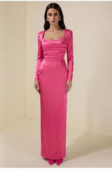 Satin Square Collar Long Sleeve Maxi Dress