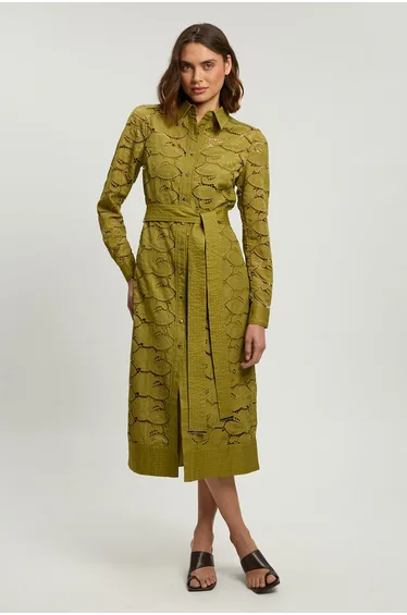 Petite Cutwork Cotton Collared Woven Shirt Dress