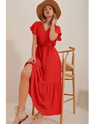 Women's Pomegranate Flower Double Breasted Collar Maxi Length Crinkle Dress - 1