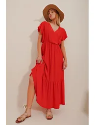 Women's Pomegranate Flower Double Breasted Collar Maxi Length Crinkle Dress - 2