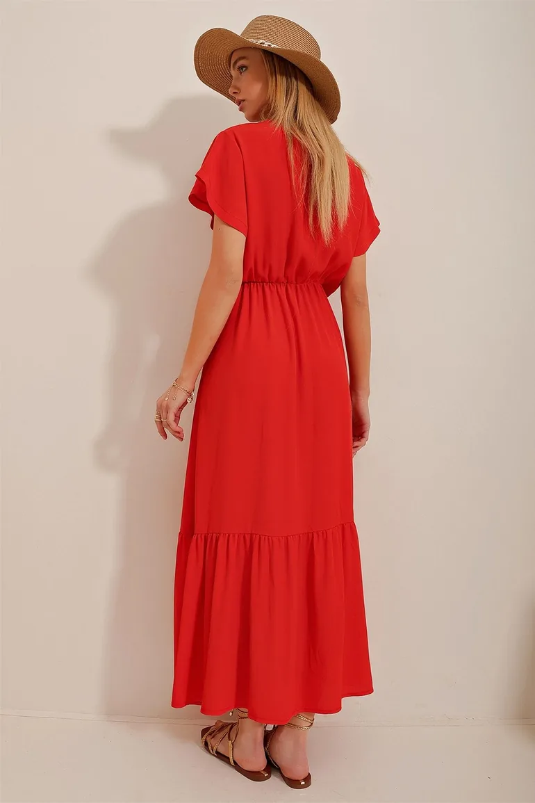 Women's Pomegranate Flower Double Breasted Collar Maxi Length Crinkle Dress - 5