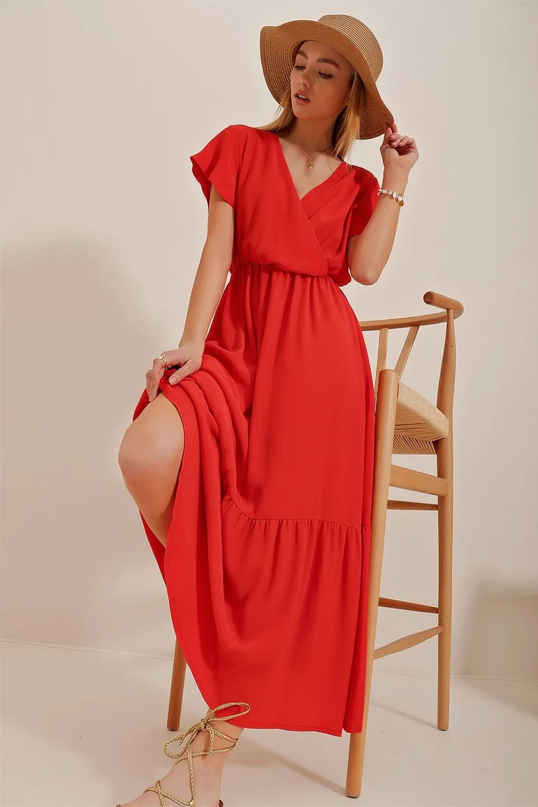 Women's Pomegranate Flower Double Breasted Collar Maxi Length Crinkle Dress - 3