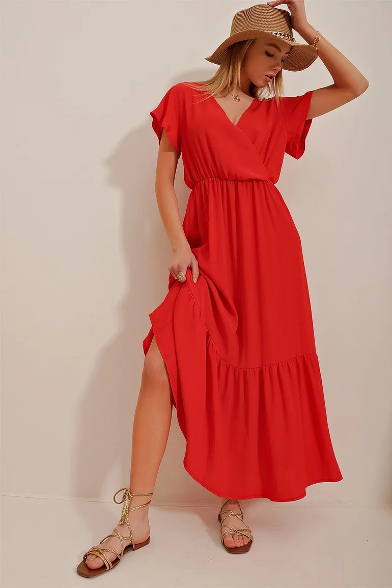 Women's Pomegranate Flower Double Breasted Collar Maxi Length Crinkle Dress - 4