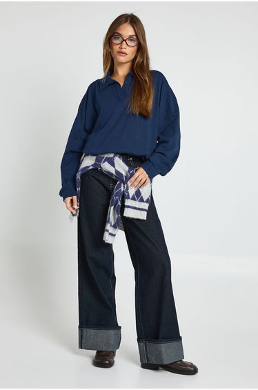 Heavy Cotton Button Detail Collared Rugby Top - navy