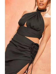 Black Chiffon Rose Trim Cut Out Halter Tie Midi Dress - 3