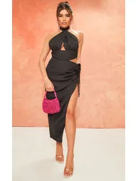 Black Chiffon Rose Trim Cut Out Halter Tie Midi Dress - 2