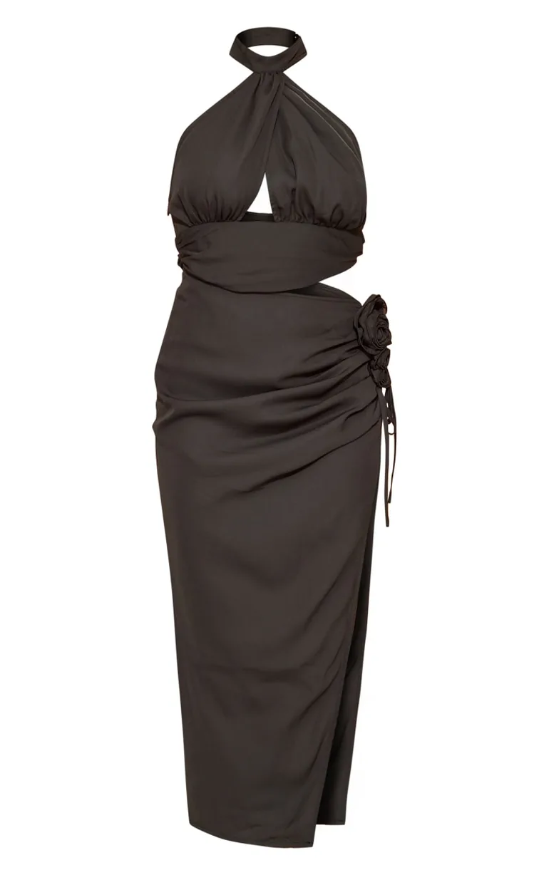 Black Chiffon Rose Trim Cut Out Halter Tie Midi Dress - 4
