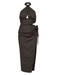 Black Chiffon Rose Trim Cut Out Halter Tie Midi Dress - 4