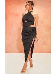 Black Chiffon Rose Trim Cut Out Halter Tie Midi Dress