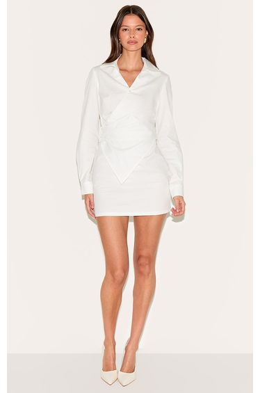White Woven Asymmetric Pearl Detail Shirt Dress