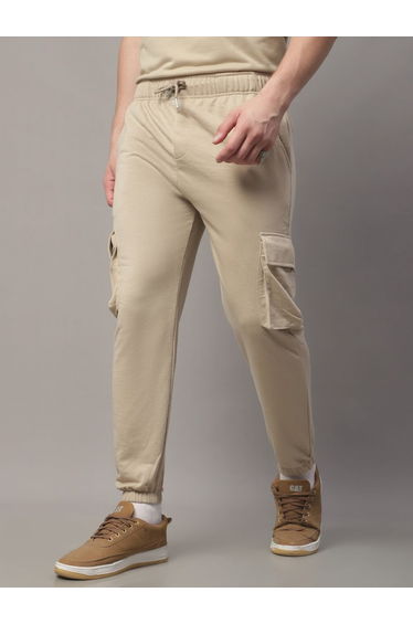 Men Beige Plain Cargo Joggers