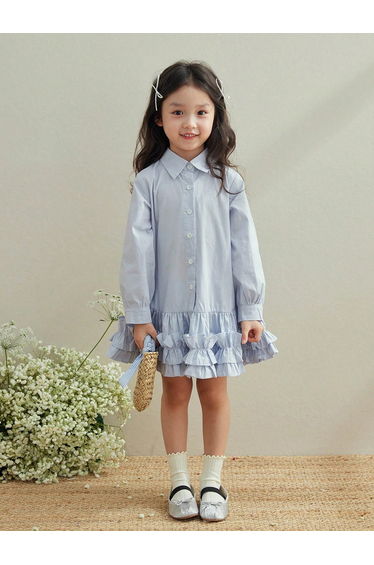 Girls Blue Cotton Ruffle Hem Knee Length Dress
