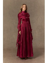 Starlit Elegance Burgundy Ruffled Cuff Pleated Maxi Dress - 4