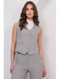 Women's Stone Plaid Patterned Lined Vest - 3