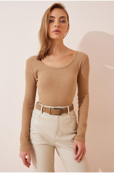 Women's Biscuit U Neck Ribbed Knitted Blouse