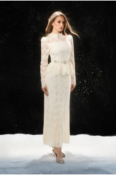 Eternally Beloved White Pearl Embellished Sheer Lace Top & Skirt Set