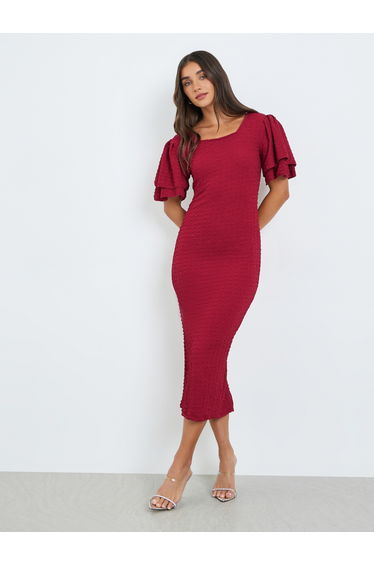 Women Red Short Sleeves Sheath Dress