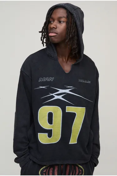 Oversized Boxy Distressed Ripped Neck Hoodie - black