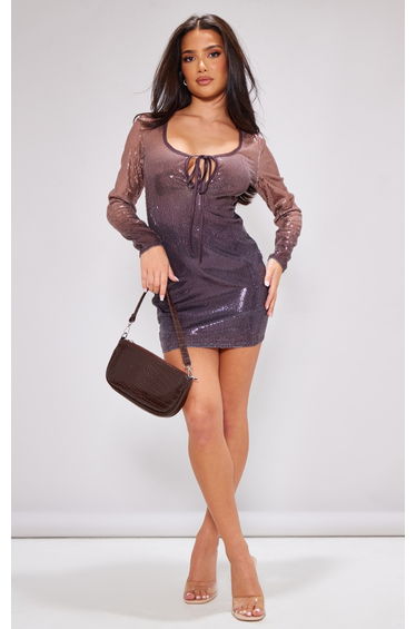 Petite Chocolate Ombre Sequin Long Sleeve Mini Dress