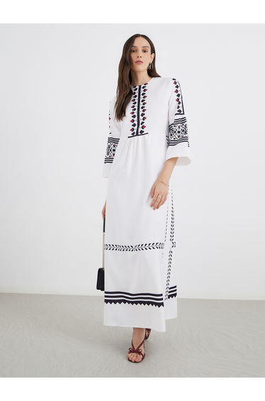 Border Print 3/4 Sleeves A-Line Maxi Dress