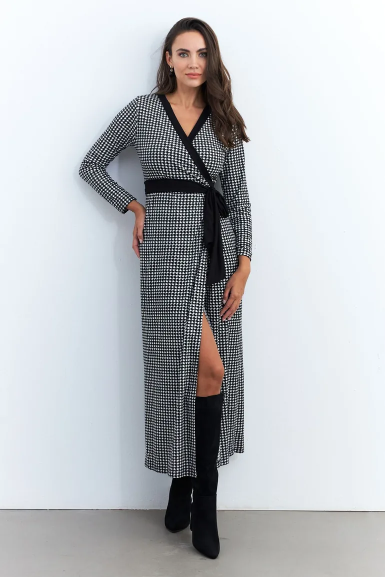black and white houndstooth maxi dress Knit Houndstooth A-Line Maxi Dress