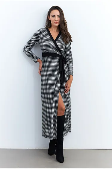Women's Black-Ecru Double Breasted Houndstooth Maxi Dress