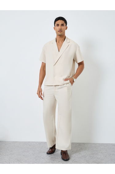 Men Beige Notch Collar Double Breasted Oversized Shirt