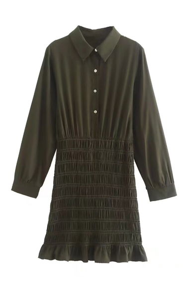 Ruffle Hem Shirring Long Sleeve Midi Dress