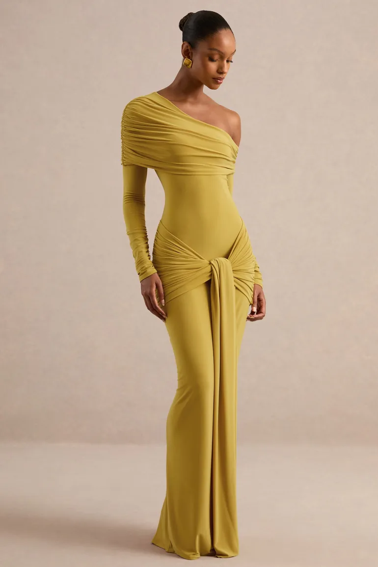 Avonlea | Mustard Asymmetric-Neck Maxi Dress With Gathered Detailing - 4