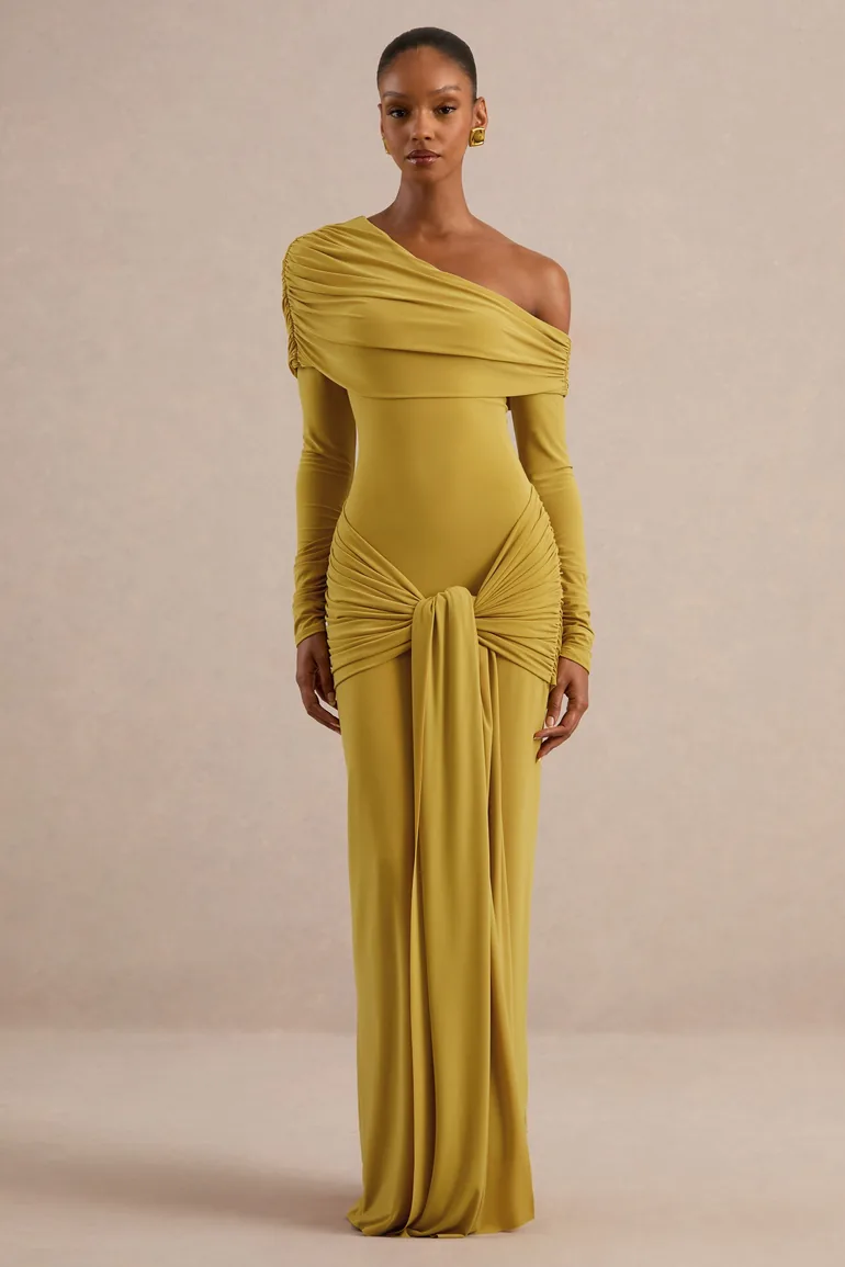 Avonlea | Mustard Asymmetric-Neck Maxi Dress With Gathered Detailing