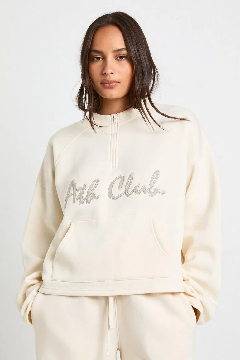 Ath Club Towelling Applique Quarter Zip Sweatshirt - cream