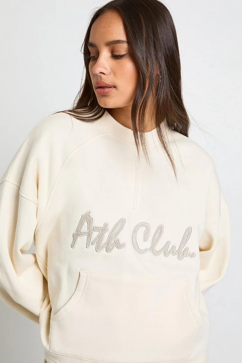 Ath Club Towelling Applique Quarter Zip Sweatshirt - cream - 3